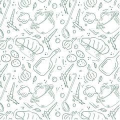 Kitchen pattern with chef's hat, kitchen pot, ladle and vegetables. Vector seamless background. For menu, postcard, restaurants, textile, design