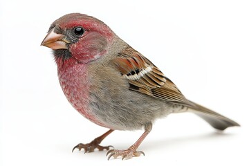 A close-up of a House Finch perched on a white background, showcasing its vibrant red breast, brown wings, and sharp beak. This image embodies nature, beauty, wildlife, freedom, and color.