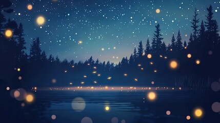   A serene nighttime landscape with a tranquil lake surrounded by tall trees and numerous glowing lights suspended above the water's surface