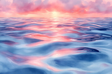 Obraz premium A tranquil seascape at sunset, featuring gentle waves reflecting pink and blue hues against a cloudy sky.