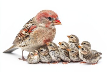 A mother house finch tenderly feeds her chicks, showcasing the beauty of parental care and the fragility of new life. This heartwarming image symbolizes love, protection, nurture, growth, and the circ