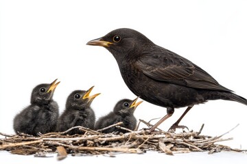Fototapeta premium A blackbird mother standing near a nest of three hungry chicks, feeding them with her beak. The chicks are all beaking open, their beaks yellow and open, symbolizing their hunger and need for care. Th