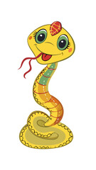 Fototapeta premium Playful cartoon snake character with a yellow body and colorful patterns, smiling on a white background