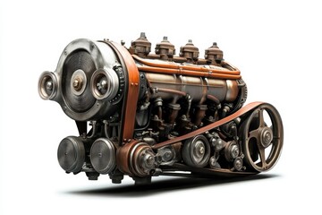 Fototapeta premium Vintage Opposed Piston Engine, a testament to engineering ingenuity, showcasing intricate mechanics and powerful performance. Isolated on white for maximum visual impact.
