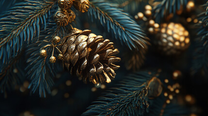 Decorative golden pine cones hang from a vibrant green tree.