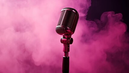 A vintage microphone stands against a backdrop of pink smoke, ready to capture the next big performance