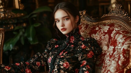Fototapeta premium Elegant Dark Academia Fashion Portrait of Woman in Floral Dress with Cinched Waist in Vintage Room with Soft Lighting and Ultra-Detailed Attire