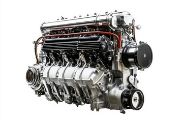 Fototapeta premium A powerful inline-4 engine, showcasing its intricate design, chrome accents, and mechanical components. This isolated image is perfect for automotive, engineering, and technology projects.