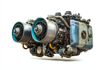 A close-up shot of a powerful twin-engine aircraft engine, showcasing its intricate design and industrial strength. The engine is isolated on a white background, making it perfect for technical and in