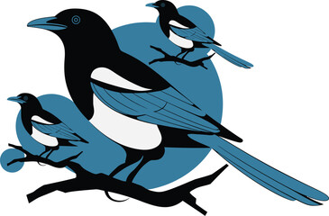 Stylized Illustration of Magpies Perched on Branches 