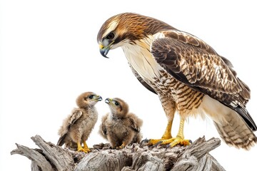 Obraz premium A red-tailed hawk mother bird stands over her two chicks, feeding them on a white background, symbolizing parental care, nature, wildlife, birds of prey, and protection.