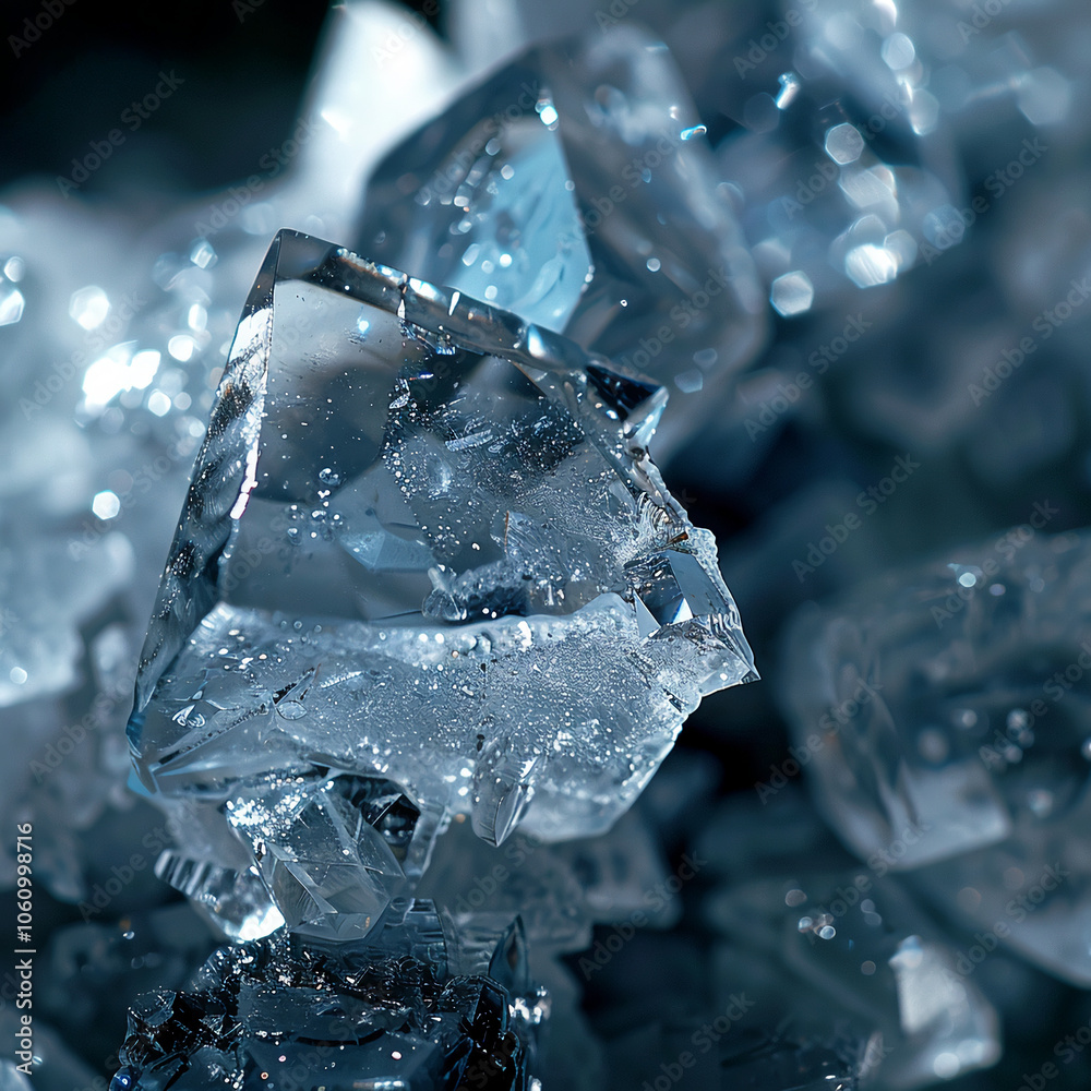 Poster close-up of clear ice crystals, reflecting light in a dark setting