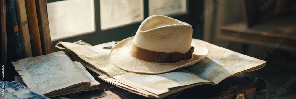 Poster a stylish travel hat sits on an open suitcase, with maps and guides spread around, suggesting a plan