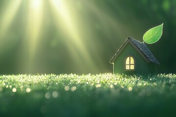  A green house nestled amidst a sea of verdant grass, crowned with a lush green leaf