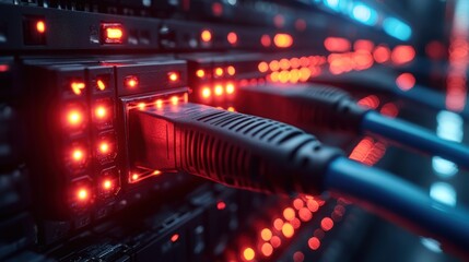 A server room filled with numerous cables and bright glowing lights, representing the efficient and organized environment of a high-tech data processing center.