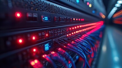 Naklejka premium Data center with glowing Ethernet cables and server hardware showcasing connectivity
