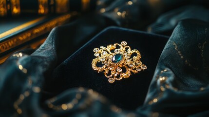 Elegance in Darkness: Vintage Brooch on Velvet Dress in Academia Setting