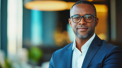 Fototapeta premium Confident businessman in glasses posing indoors during a corporate meeting. Generative AI