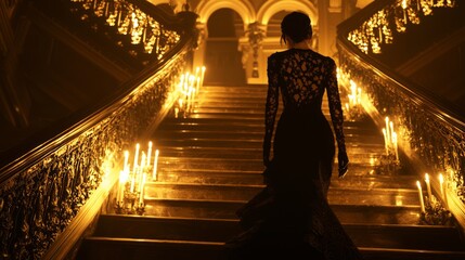 Elegant Gothic Romance - Woman in Black Lace Dress Posing on Grand Staircase in Candlelight