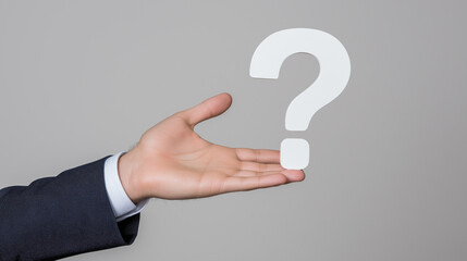 Hand holding question mark, symbolizing uncertainty, inquiry, or curiosity in business and life, minimalistic concept