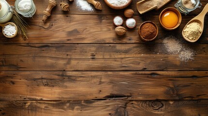Vintage wood table with baking ingredients from above and empty space for text.
