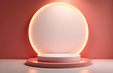  A pastel circular podium with vibrant pink, red and peach gradient tones,illuminated by soft,diffused light. Clean, modern aesthetic, vibrant colors, and minimalistic design, scene for products.