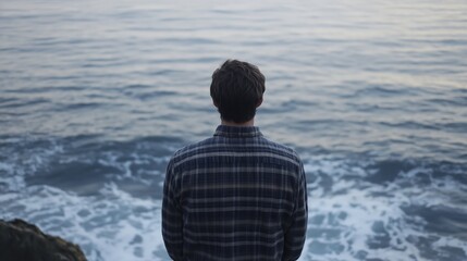 A man wearing a plaid shirt stands and gazes out over the ocean