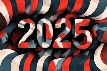 Obraz premium Colorful 2025 numeric design with wave patterns in red, white, and blue for New Year celebrations