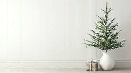   A small Christmas tree in a white vase on a wooden floor beside another small Christmas tree in a white vase