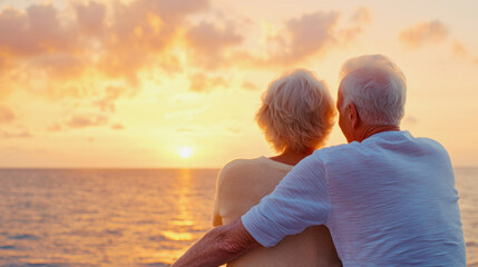 Fototapeta premium Couple enjoying a romantic sunset together on a beach during retirement holiday. Generative AI