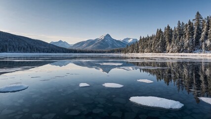 lake in mountains, winter, trees, blue sky, view, travel, scenic, snow