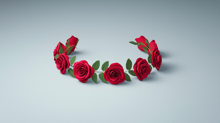 Red rose flower crown on light background, beautiful floral headband for weddings, celebrations, or romantic occasions, handmade accessory wreath decoration