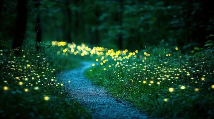   A winding trail through a dense woodland, surrounded by vibrant bioluminescent flora