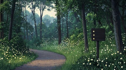   A painting depicts a forest trail surrounded by abundant foliage and vibrant flora on both sides