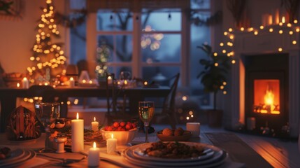 A beautifully arranged holiday dinner table features candles, delicious food, and festive decorations. The warm glow from the fireplace enhances the cozy atmosphere