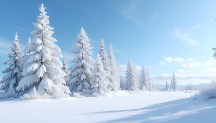 Fototapeta premium A picturesque winter landscape featuring pristine snow and grand fir trees draped in soft frost. A timeless postcard view beneath a clear blue sky, illuminated by a radiant sun.