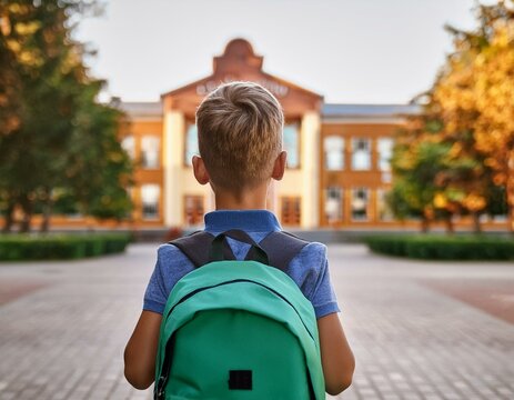 Chłopiec z zielonym plecakiem idzie w kierunku szkoły. Uczeń w początek roku szkolnego