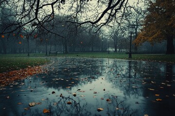 A tranquil park with swaying branches as rain softly falls, leaves scattered on the wet ground, with puddles reflecting the moody sky.