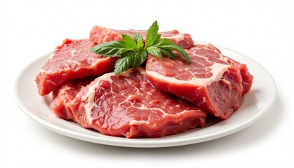 Fototapeta premium Raw Marbled Beef Steaks with Fresh Herbs on White Plate