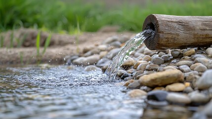   A close-up of a small stream with rocks, a log, and grass in the background