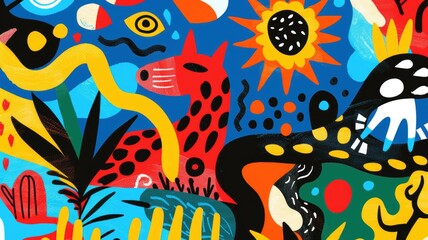 Obraz premium Vibrant abstract jungle with colorful animals and nature elements