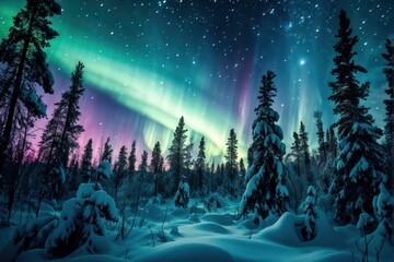 Naklejka premium Snowy forest under a vivid display of northern lights, with colorful greens and purples lighting up the winter night sky. Generative AI