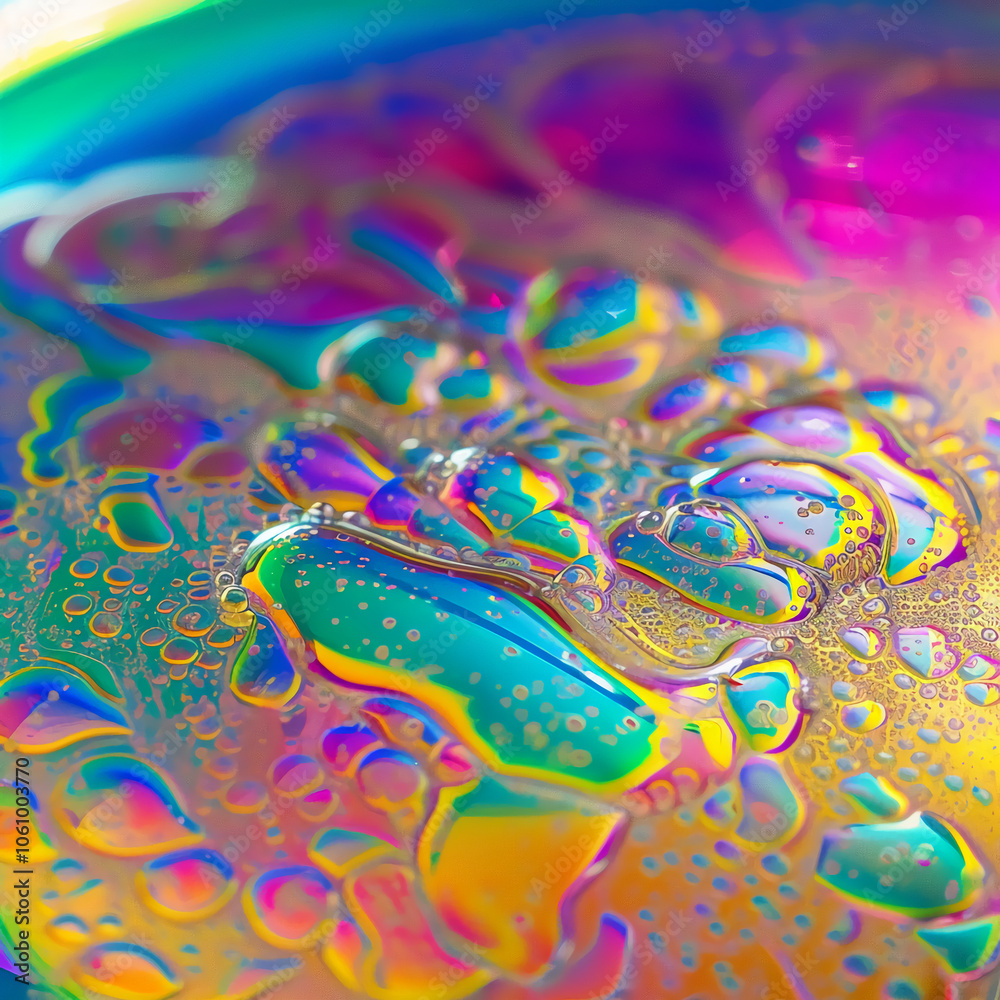 Poster a close-up of iridescent bubbles floating on a liquid surface