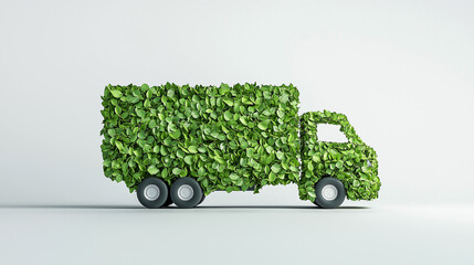Green eco-friendly delivery truck made of leaves, concept of sustainable transportation, nature and modern technology blend for environmental awareness
