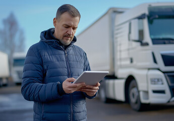 Middle-aged man using a tablet outdoors near trucks, concept of modern logistics and transport management, checking data in transport industry