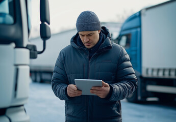 Middle-aged man using a tablet outdoors near trucks, concept of modern logistics and transport management, checking data in transport industry