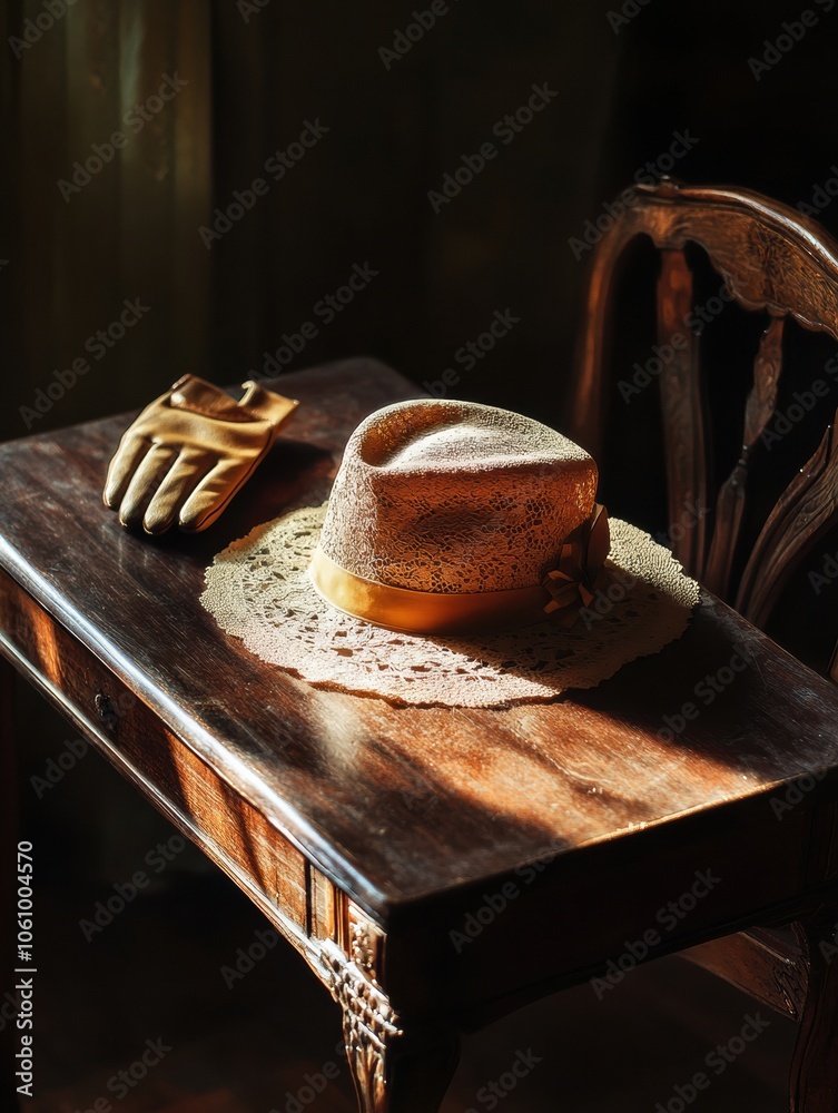 Poster an elegant vintage ladies hat rests gracefully on a wooden table, accompanied by a pair of soft glov