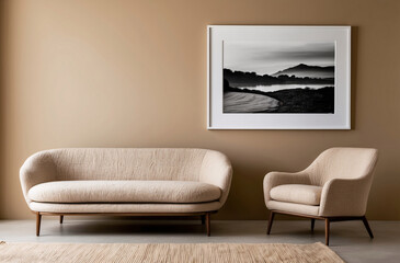 Minimalist, japandi style interior design of modern living room. Boucle sofa and accent armchair against beige wall with frame