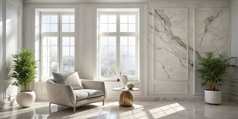 Fototapeta premium Bright and cozy room, marble texture on the walls.