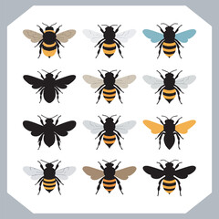 Bee simple logotype icon, Bee silhouette set collection, hand drawn Bee on white background